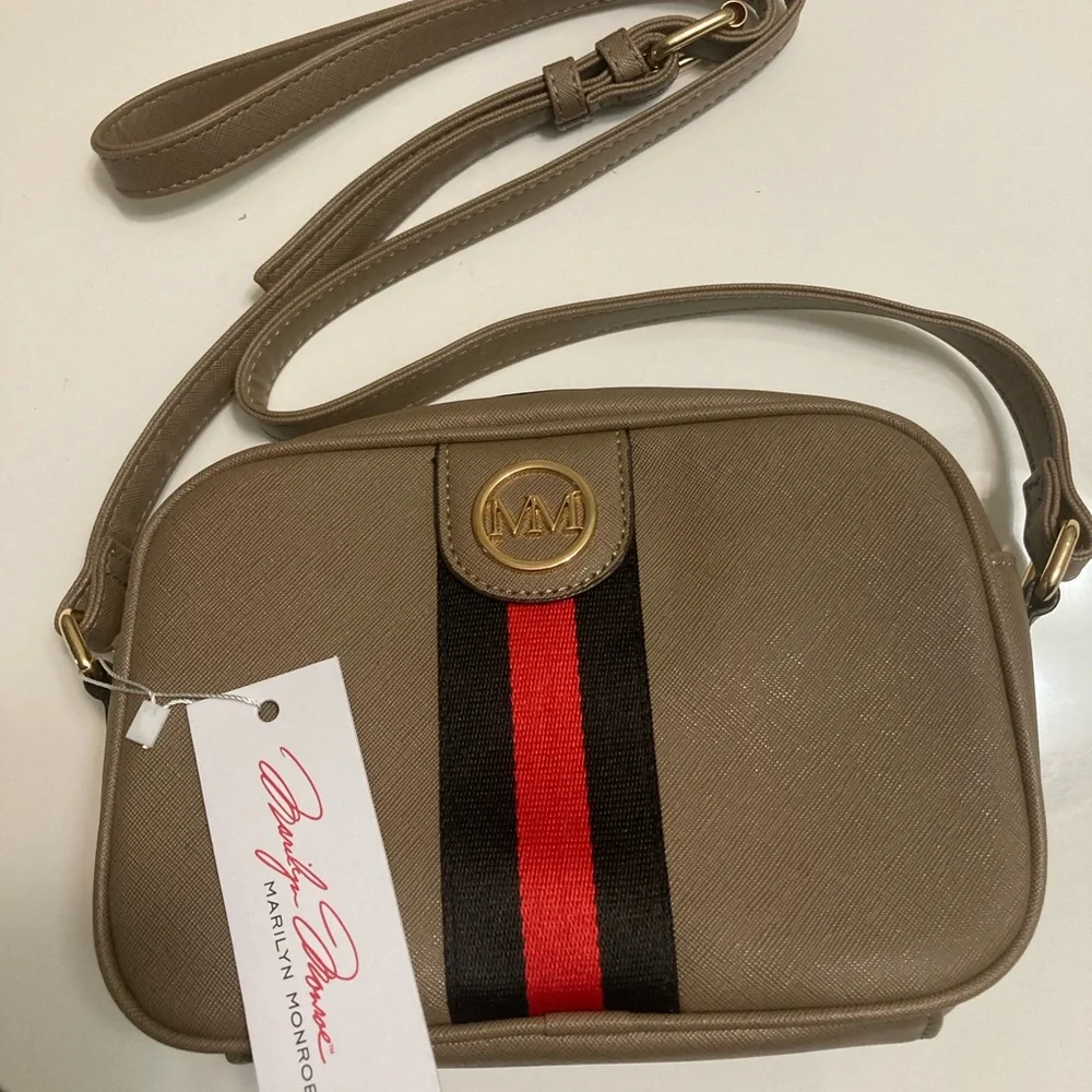 Marilyn Monroe Taupe Crossbody Bag with Red & Black Stripe - Picture 2 of 4